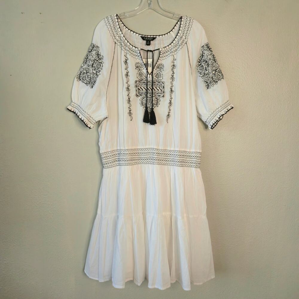 Boho Ralph Lauren Embroidered Tiered Mini Dress 18 White Black Cotton Tie Front
